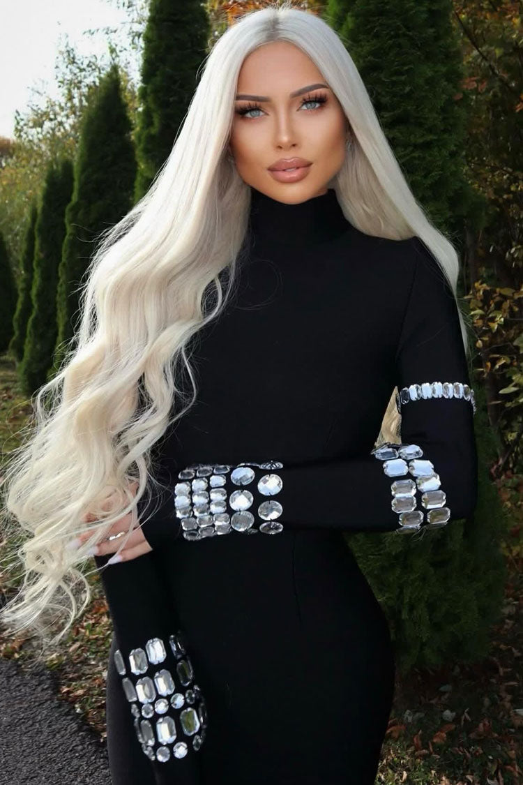 Sparkly Rhinestone High Neck Long Sleeve Bodycon Bandage Knit Midi Dress - Black - Fashionpara