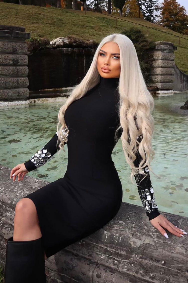 Sparkly Rhinestone High Neck Long Sleeve Bodycon Bandage Knit Midi Dress - Black - Fashionpara