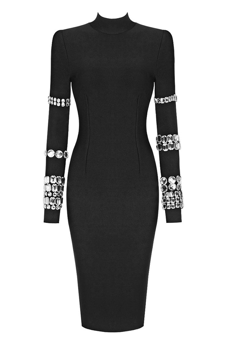 Sparkly Rhinestone High Neck Long Sleeve Bodycon Bandage Knit Midi Dress - Black - Fashionpara