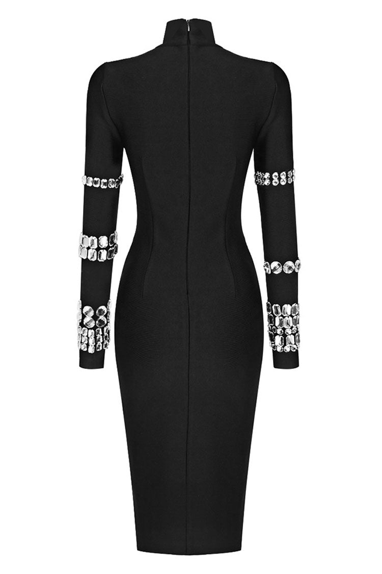 Sparkly Rhinestone High Neck Long Sleeve Bodycon Bandage Knit Midi Dress - Black - Fashionpara