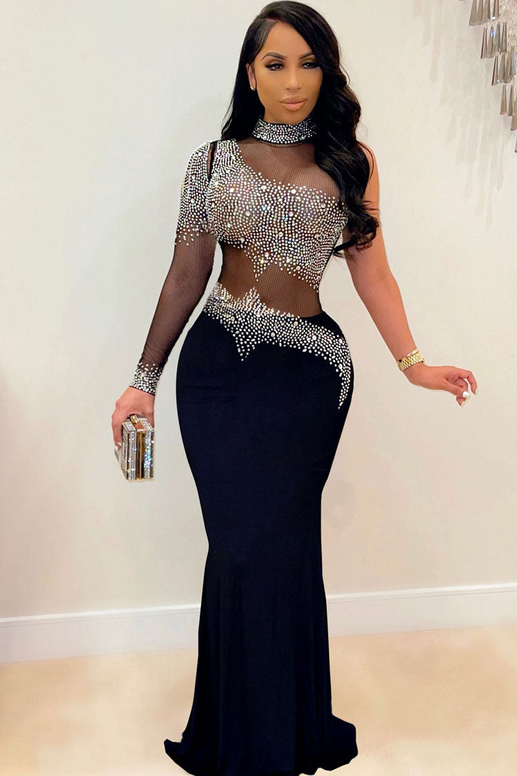 Sparkly Rhinestone High Neck Sheer Evening Maxi Dress - Black