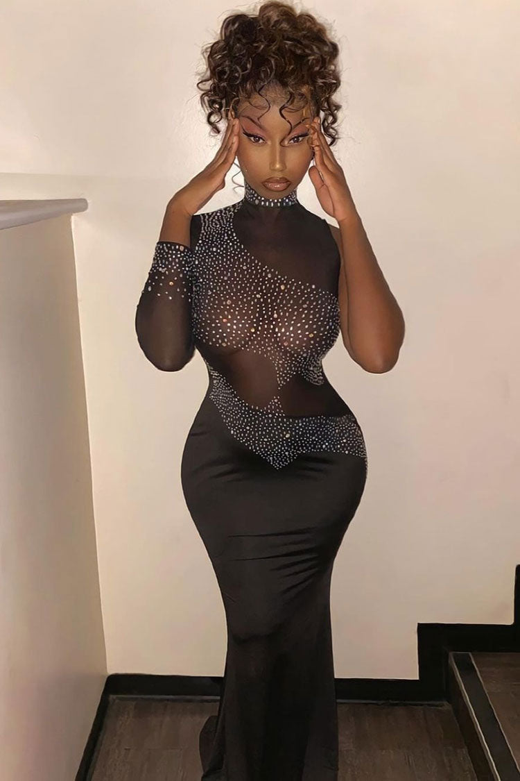 Sparkly Rhinestone High Neck Sheer Mesh Panel Evening Maxi Dress - Black Fashionpara