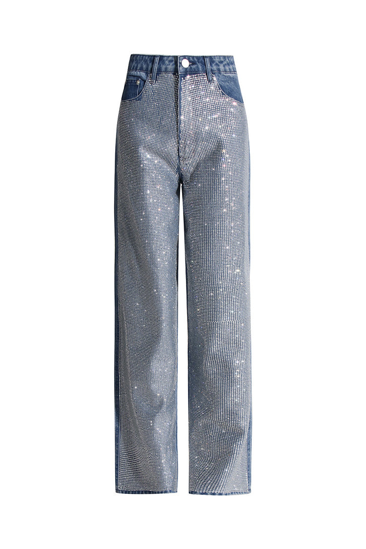 Sparkly Rhinestone High Waist Full Length Straight Leg Denim Jeans - Fashionpara