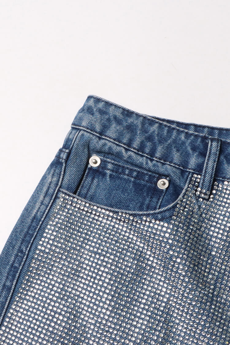Sparkly Rhinestone High Waist Full Length Straight Leg Denim Jeans - Fashionpara