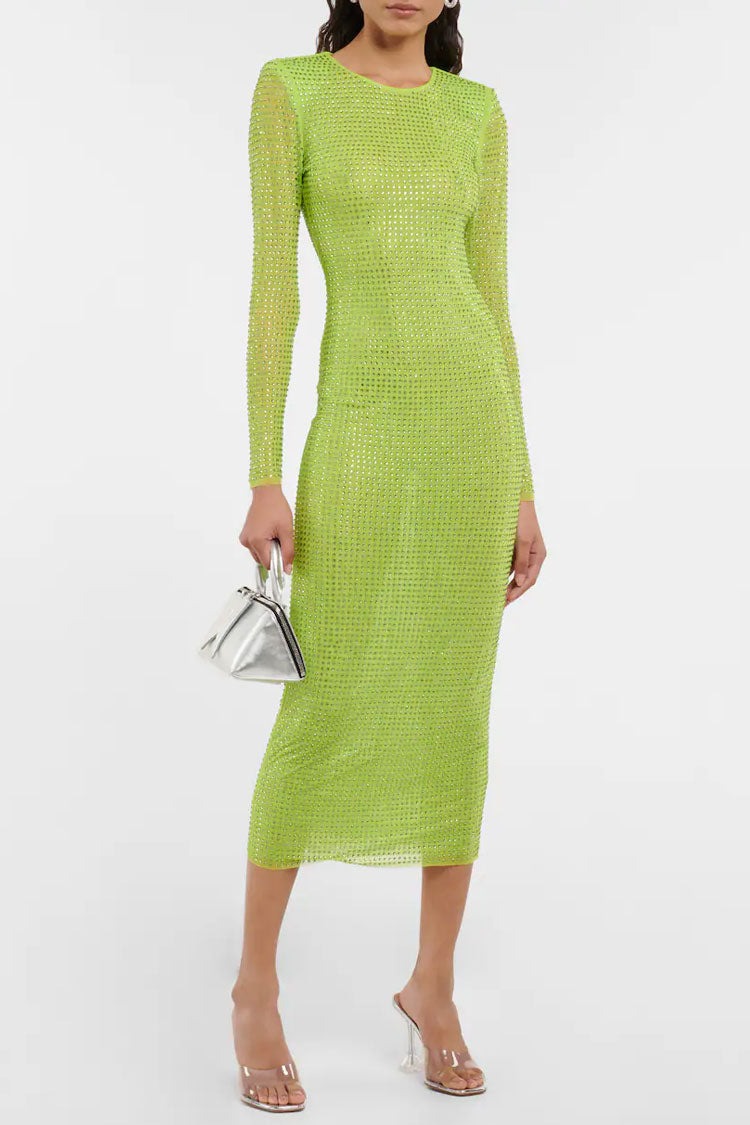 Rhinestone High Neck Long Sleeve Sheer Mesh Bodycon Midi Dress