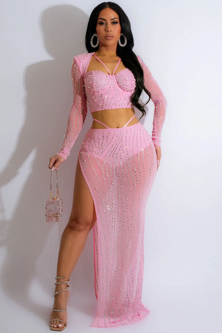 Sparkly Rhinestone Long Sleeve Crop Top High Waist Two Piece Maxi Dress - Pink Fashionpara