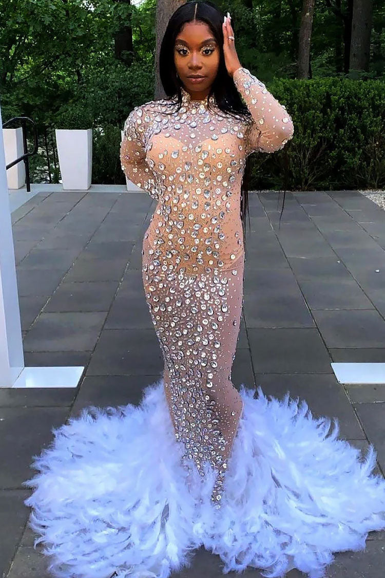 Sparkly Rhinestone Long Sleeve Feather Sheer Mesh Evening Maxi Dress - Khaki  Fashionpara