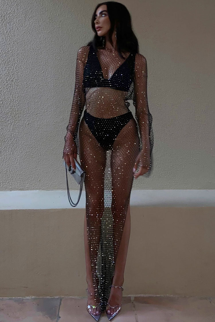 Sparkly Rhinestone Long Sleeve Split Fishnet Sheer Club Maxi Dress - Black - Fashionpara