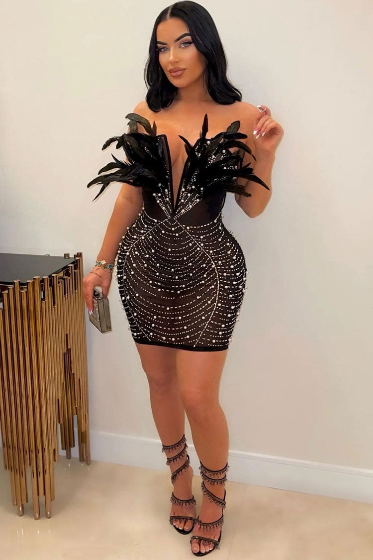 Sparkly Rhinestone Mesh Feather Deep V Strapless Party Mini Dress - Black  Fashionpara
