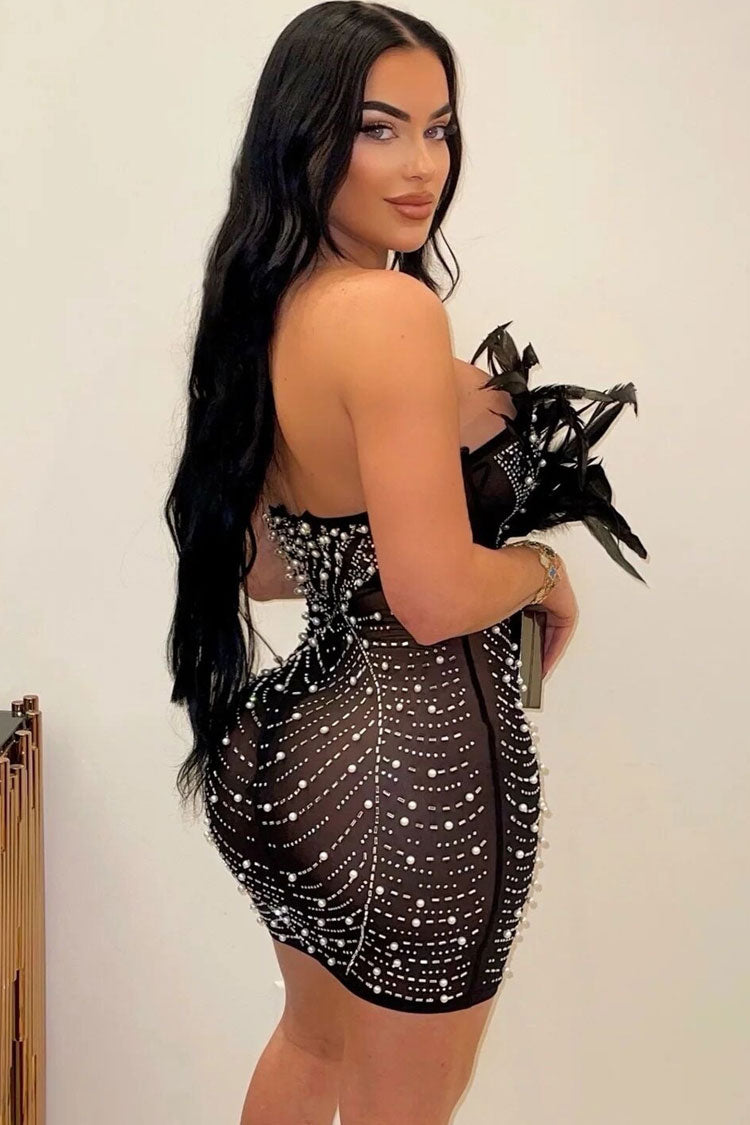 Sparkly Rhinestone Mesh Feather Deep V Strapless Party Mini Dress - Black  Fashionpara