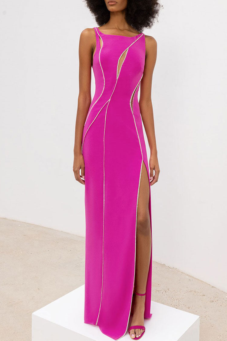 Sparkly Rhinestone Mesh Panel Evening Maxi Dress - Hot Pink
