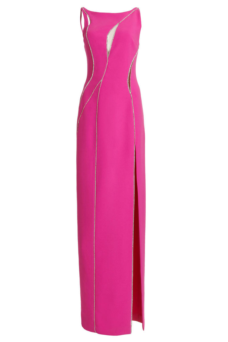 Sparkly Rhinestone Mesh Panel Sleeveless Split Evening Maxi Dress - Hot Pink Fashionpara