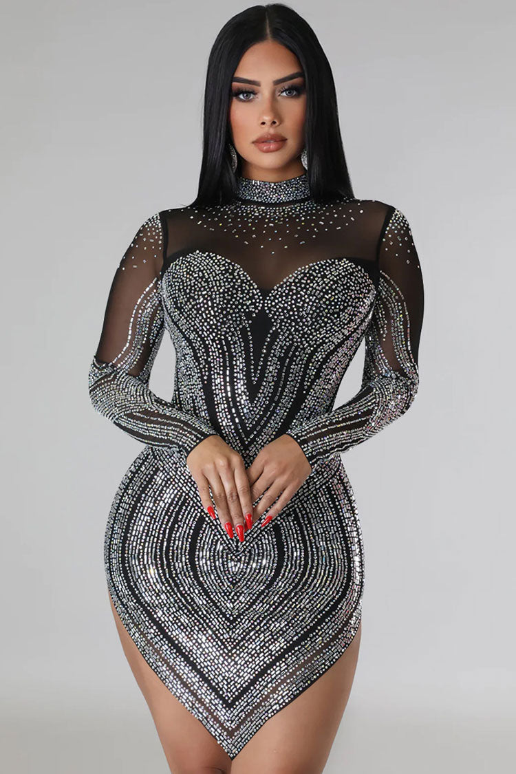 Sparkly Rhinestone Mock Neck Long Sleeve Hanky Hem Party Mini Dress - Black  Fashionpara