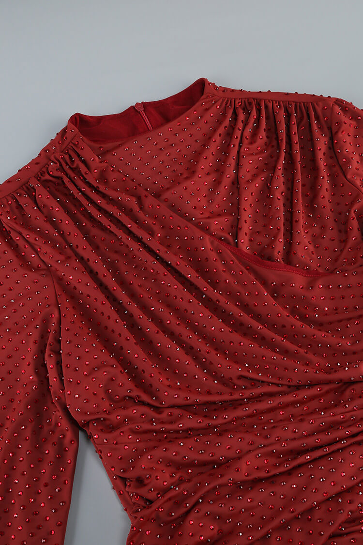 Sparkly Rhinestone Mock Neck Long Sleeve Ruched Cocktail Midi Dress