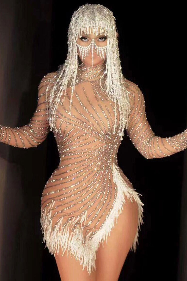 Sparkly Rhinestone Pearl High Neck Sheer Mesh Fringe Split Party Mini Dress - Nude  Fashionpara