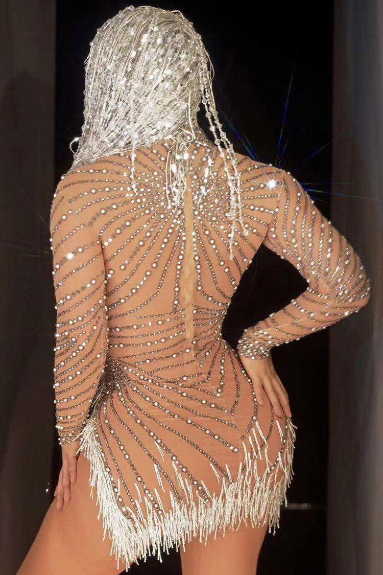 Sparkly Rhinestone Pearl High Neck Sheer Mesh Fringe Split Party Mini Dress - Nude  Fashionpara