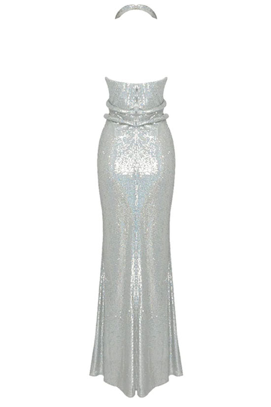 Sparkly Rhinestone Plunge Snake Halter Neck Sequin Maxi Dress - Silver Fashionpara