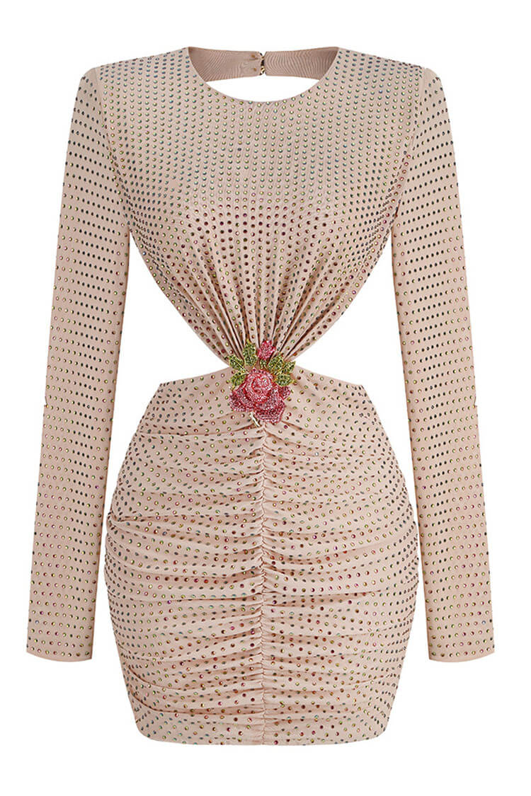 Sparkly Rhinestone Rosette Cutout Backless Mesh Ruched Party Mini Dress - Apricot - Fashionpara