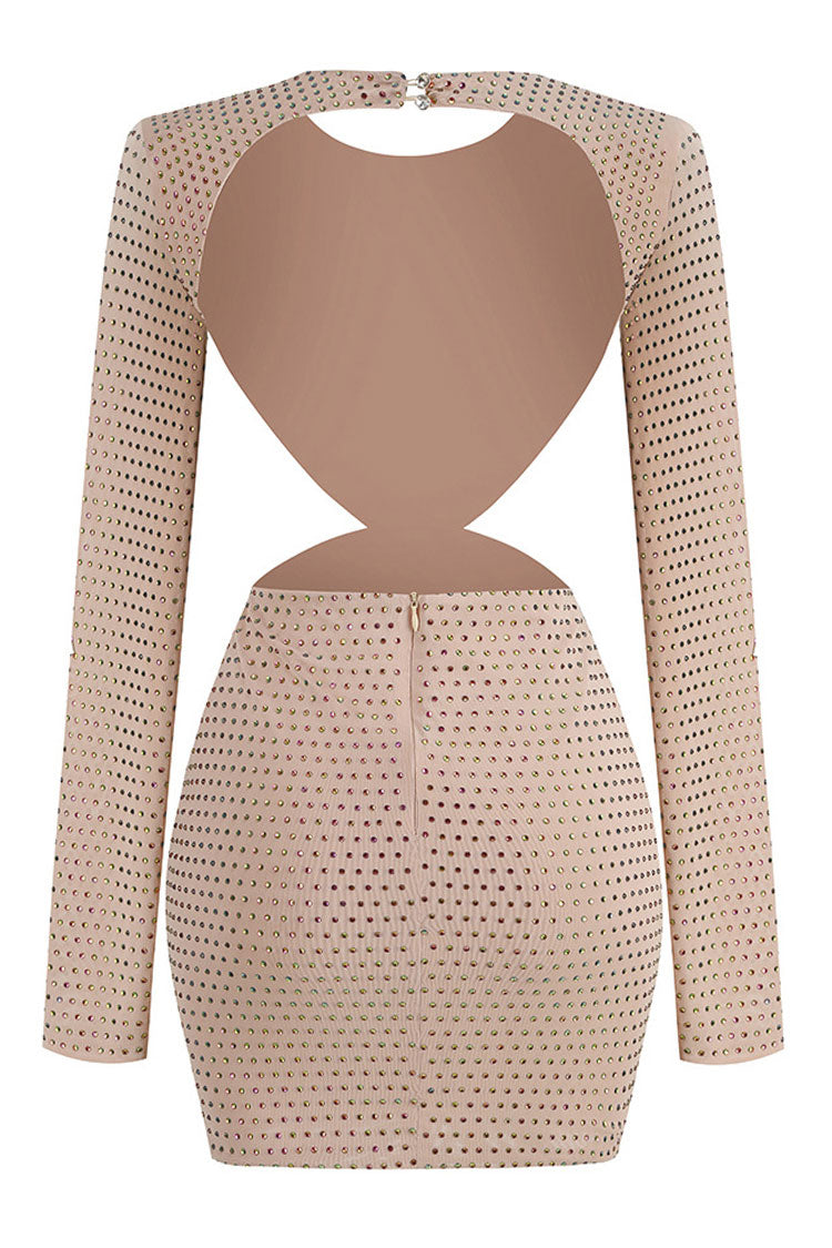 Sparkly Rhinestone Rosette Cutout Backless Mesh Ruched Party Mini Dress - Apricot - Fashionpara