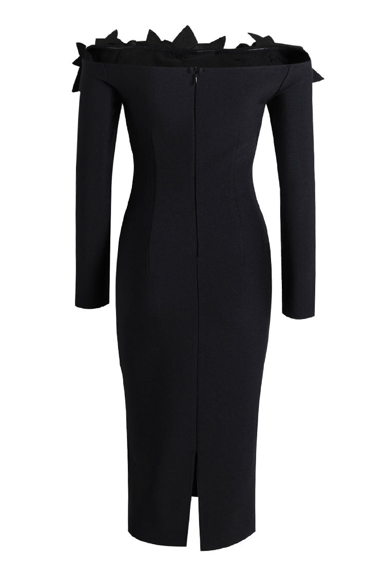 Sparkly Rhinestone Rosette Off Shoulder Long Sleeve Bandage Midi Dress - Fashionpara