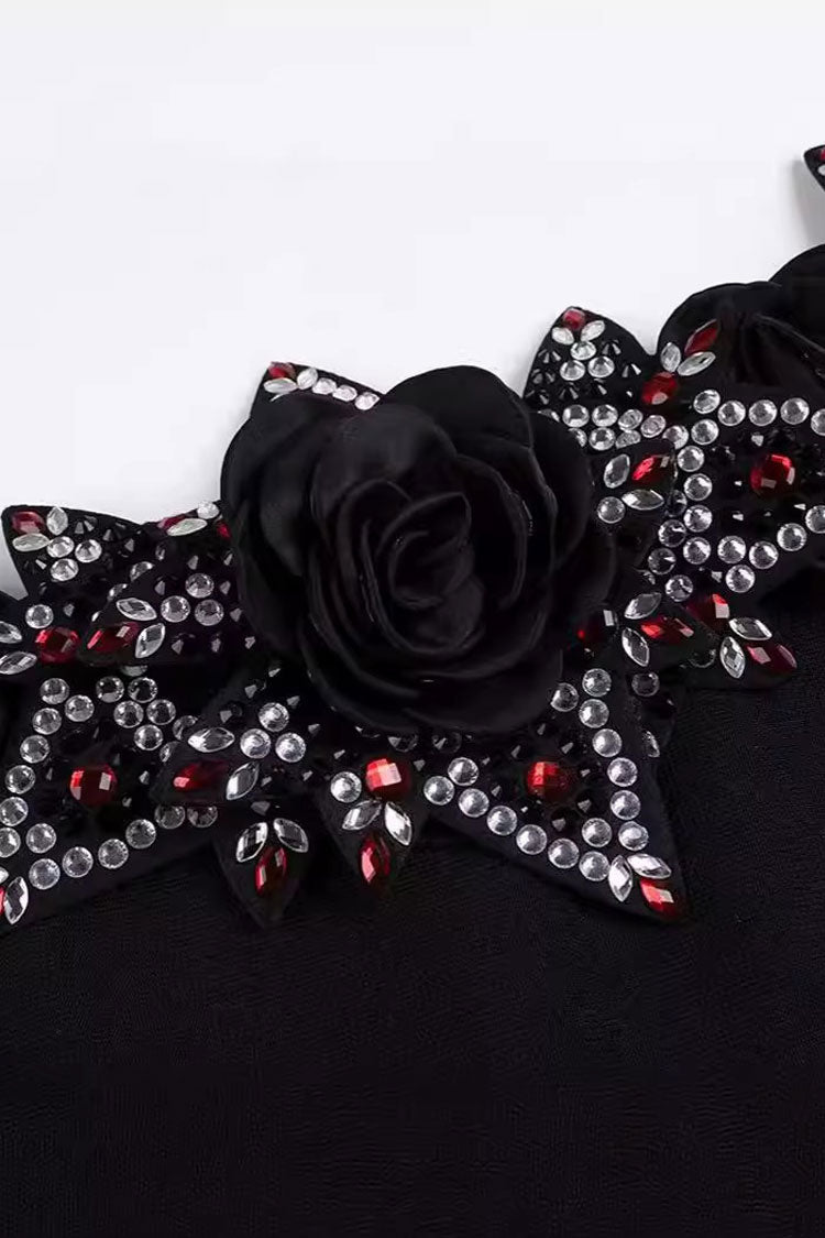 Sparkly Rhinestone Rosette Off Shoulder Long Sleeve Bandage Midi Dress - Fashionpara