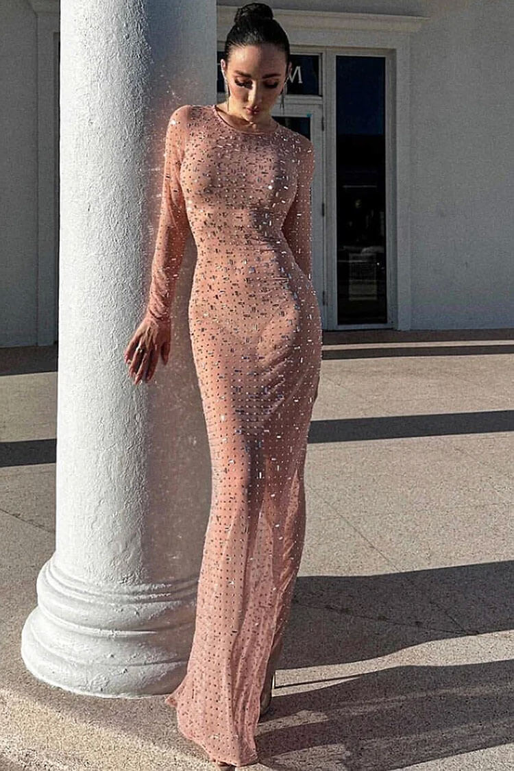 Sparkly Rhinestone Round Neck Long Sleeve Split Sheer Mesh Maxi Dress - Pink Fashionpara