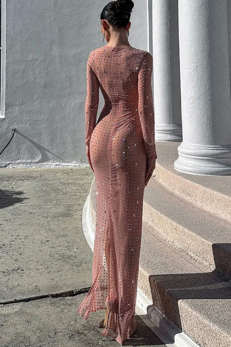 Sparkly Rhinestone Round Neck Long Sleeve Split Sheer Mesh Maxi Dress - Pink Fashionpara