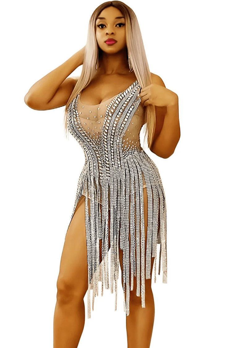 Sparkly Rhinestone Scoop Neck Sheer Mesh Fringe Romper Mini Dress - Silver Fashionpara