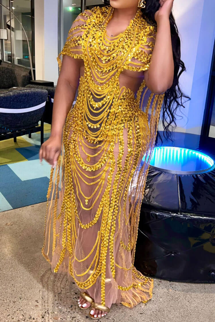 Sparkly Rhinestone Sequined Sheer Mesh Cutout Cape Evening Maxi Dress - Gold Fashionpara