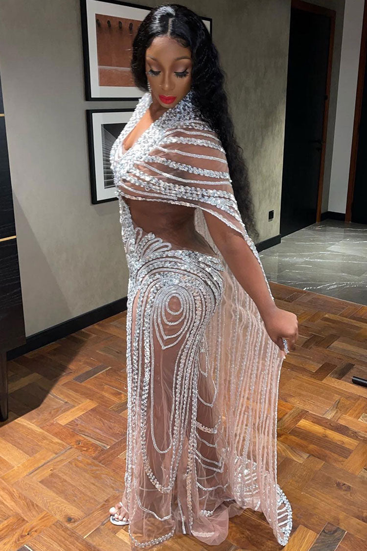 Sparkly Rhinestone Sequined Sheer Mesh Cutout Cape Evening Maxi Dress - Silver Fashionpara