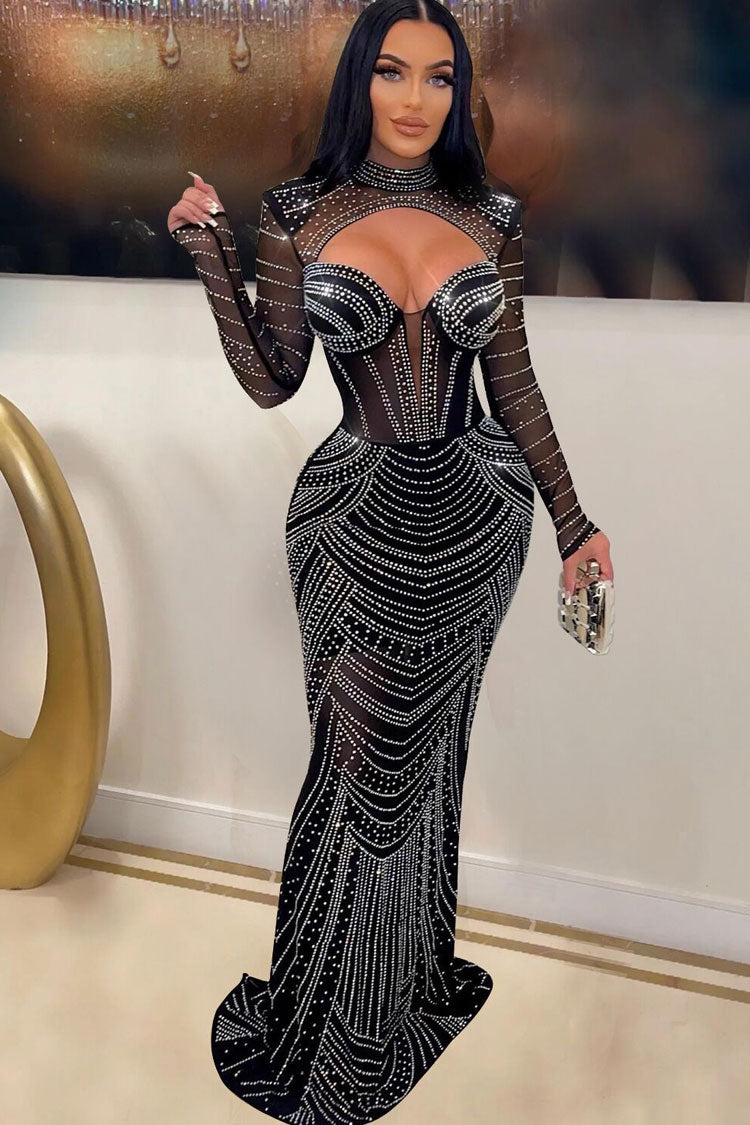 Sparkly Rhinestone Sheer Mesh High Neck Cutout Evening Maxi Dress - Black Fashionpara