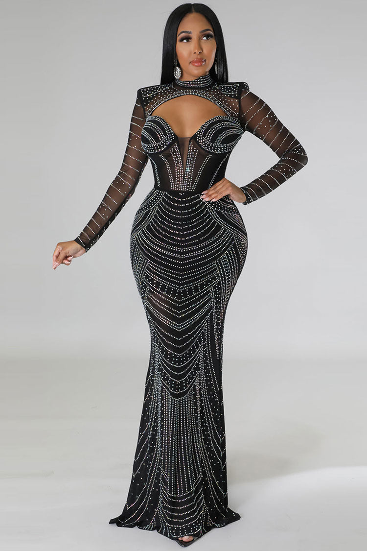 Sparkly Rhinestone Sheer Mesh High Neck Cutout Evening Maxi Dress - Black Fashionpara