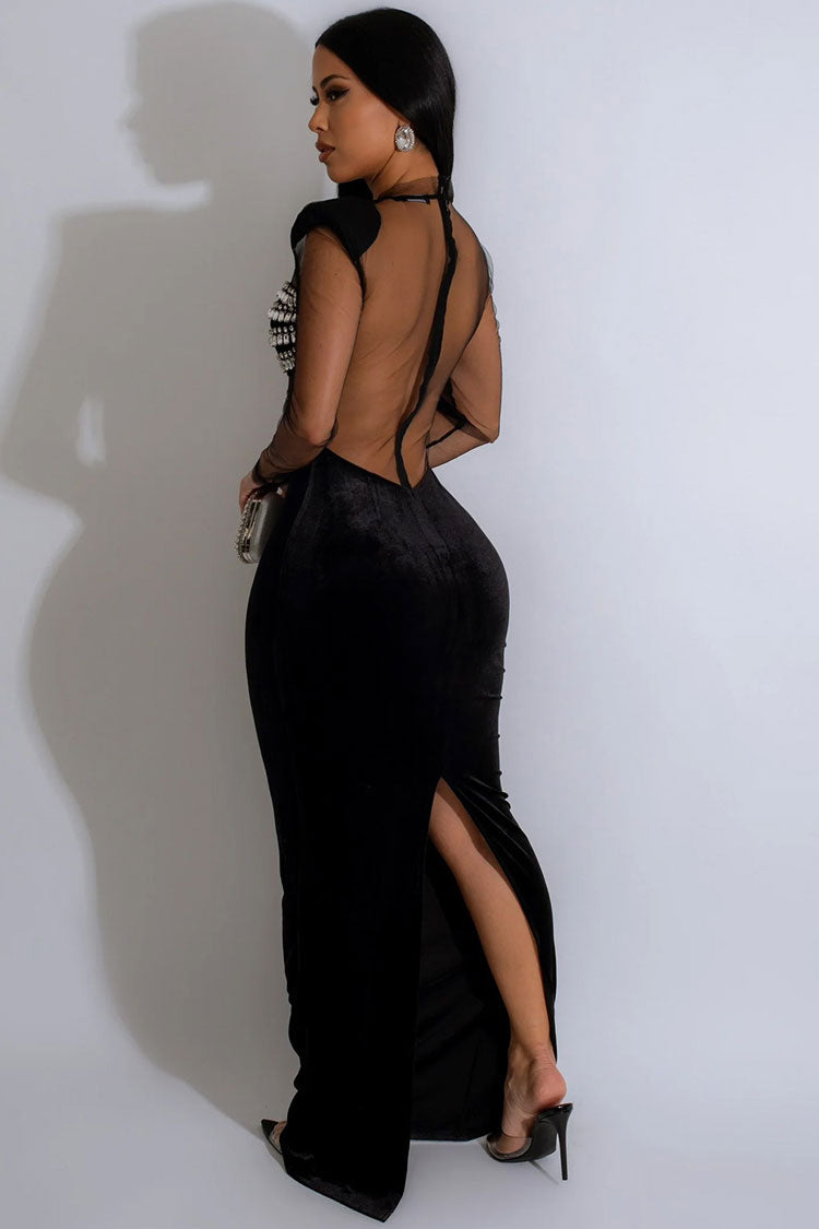 Sparkly Rhinestone Sheer Mesh Padded Long Sleeve Evening Maxi Dress - Black - Fashionpara