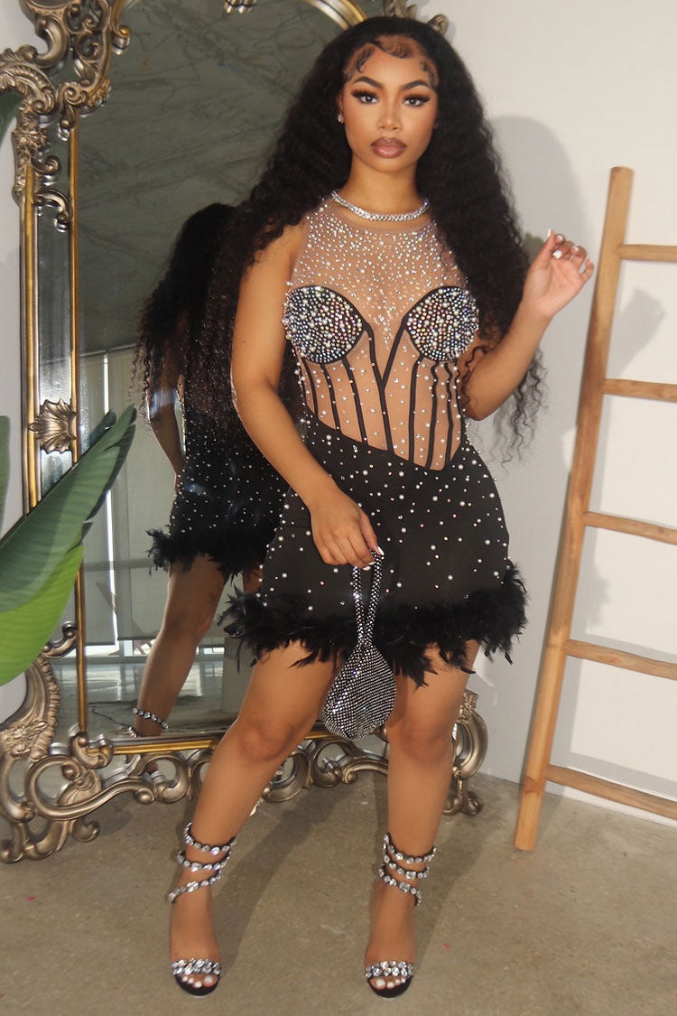 Sparkly Rhinestone Sheer Mesh Sleeveless Feather Trim Party Mini Dress - Black  Fashionpara