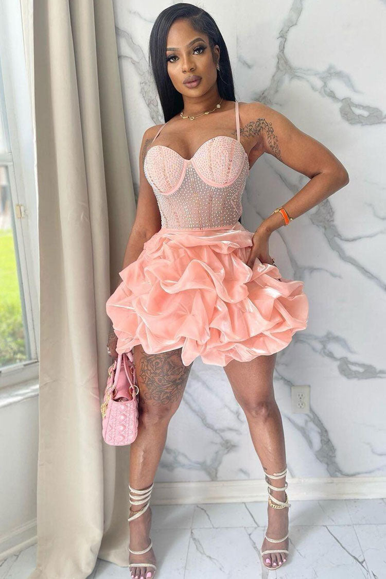 Sparkly Rhinestone Sheer Mesh Sleeveless Ruffle Party Mini Dress - Pink  Fashionpara