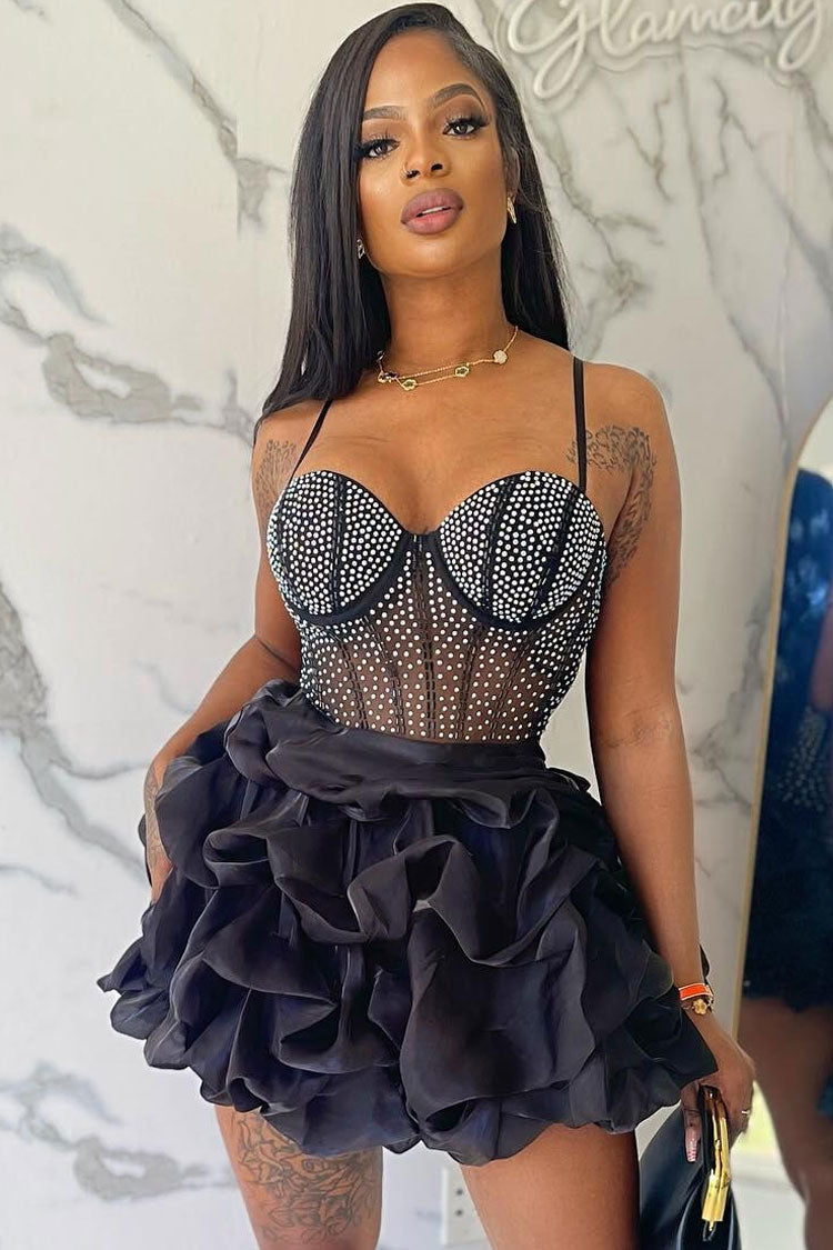 Sparkly Rhinestone Sheer Mesh Sleeveless Ruffle Party Mini Dress - Black  Fashionpara