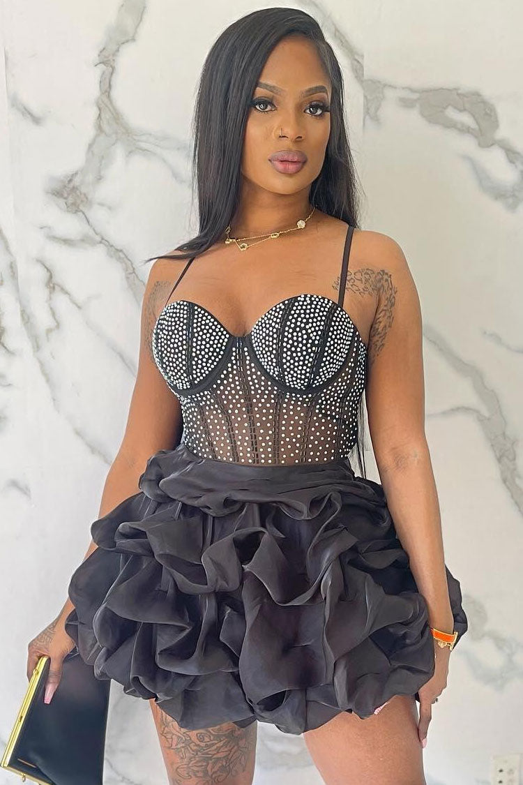 Sparkly Rhinestone Sheer Mesh Sleeveless Ruffle Party Mini Dress - Black  Fashionpara