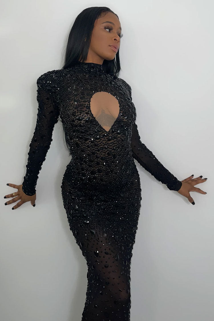 Sparkly Rhinestone Shoulder Pad Sleeved Sheer Mesh Maxi Evening Maxi Dress - Black Fashionpara