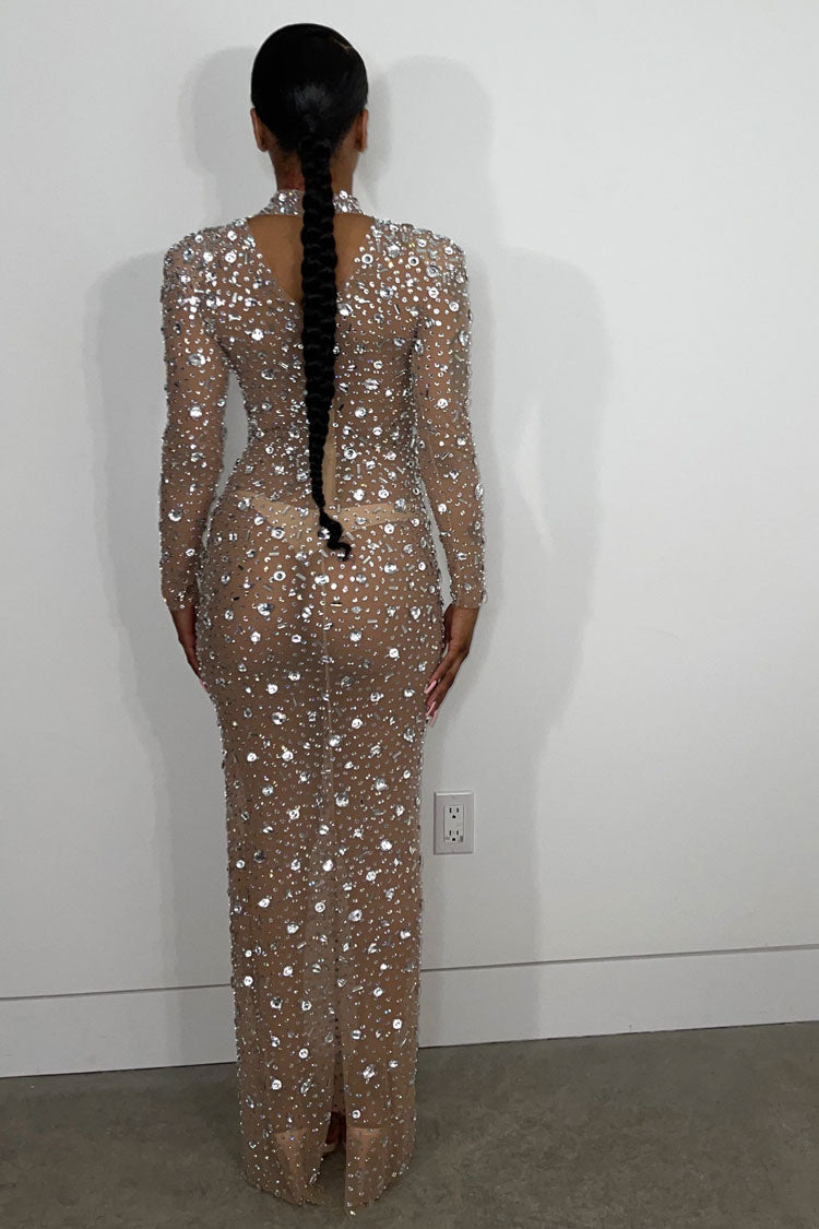 Sparkly Rhinestone Shoulder Pad Sleeved Sheer Mesh Maxi Evening Maxi Dress - Nude Fashionpara