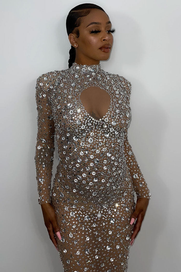 Sparkly Rhinestone Shoulder Pad Sleeved Sheer Mesh Maxi Evening Maxi Dress - Nude Fashionpara