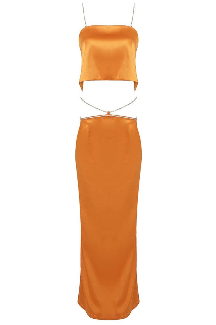 Sparkly Rhinestone Strap Crop High Waist Satin Two Piece Maxi Dress - Orange - Fashionpara