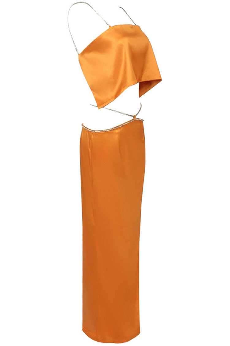 Sparkly Rhinestone Strap Crop High Waist Satin Two Piece Maxi Dress - Orange - Fashionpara