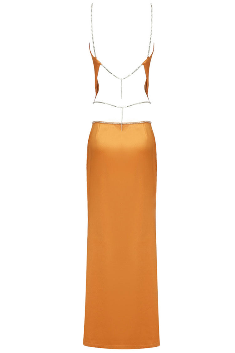Sparkly Rhinestone Strap Crop High Waist Satin Two Piece Maxi Dress - Orange - Fashionpara