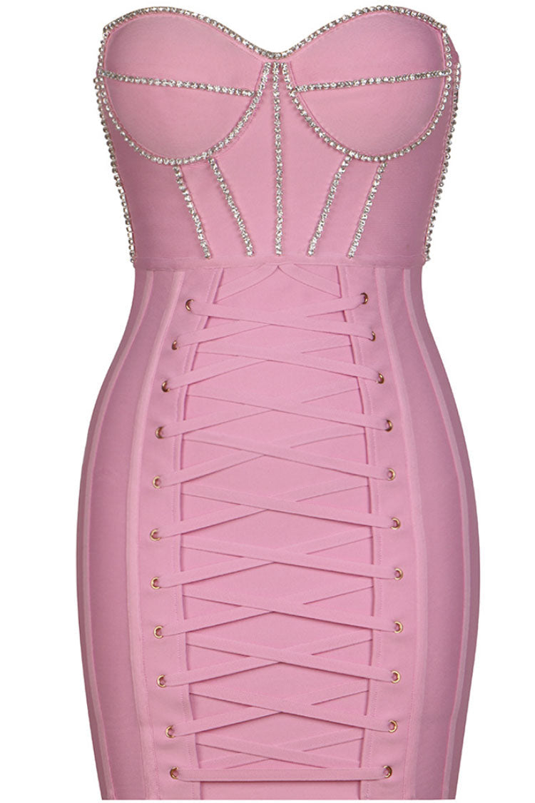 Sparkly Rhinestone Strapless Lace Up Bodycon Bandage Mini Dress - Pink Fashionpara
