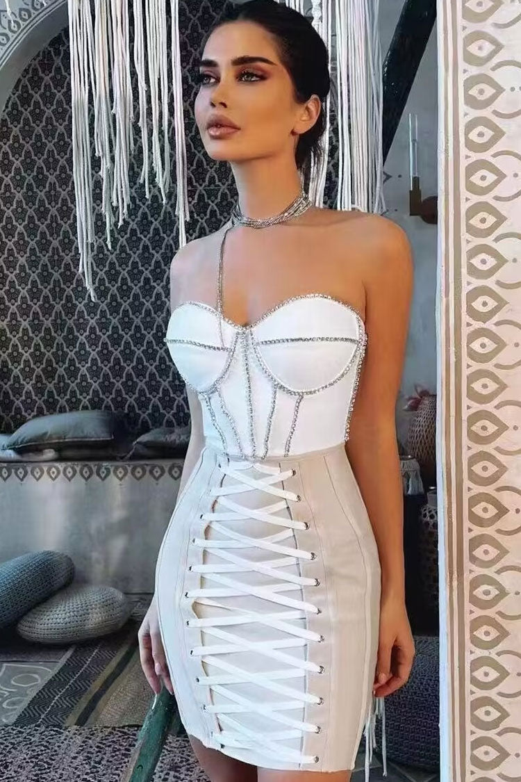 Sparkly Rhinestone Strapless Lace Up Bodycon Bandage Mini Dress - White Fashionpara