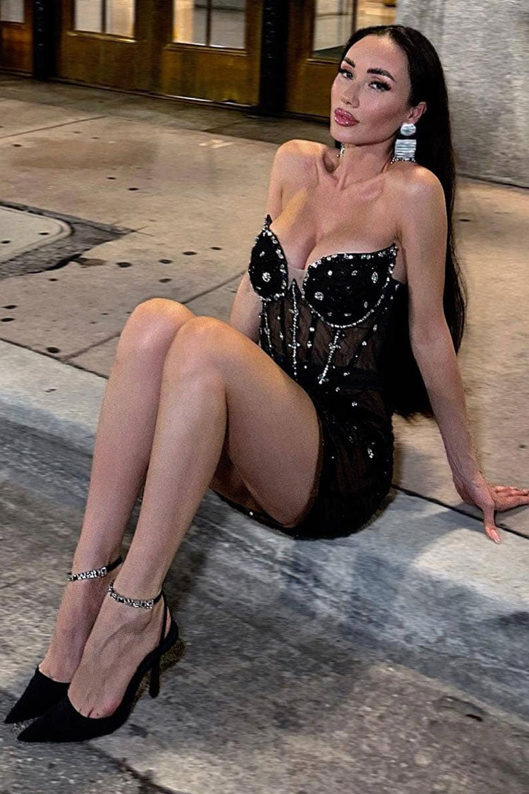 Rhinestone Strapless Sheer Corset Bodycon Mini Dress - View 4