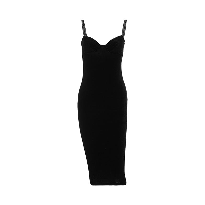 Velvet Sweetheart Neck Rhinestone Strap Bodycon Midi Dress 3