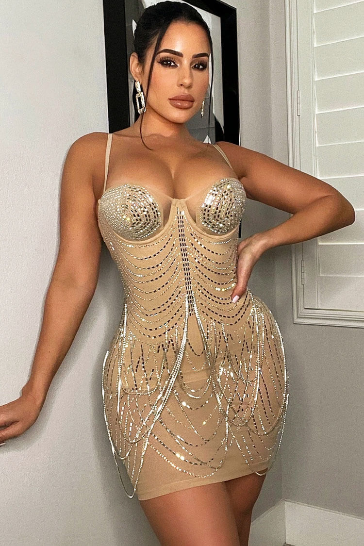 Sparkly Rhinestone Sweetheart Neck Sheer Mesh Bodycon Party Mini Dress - Apricot - Fashionpara