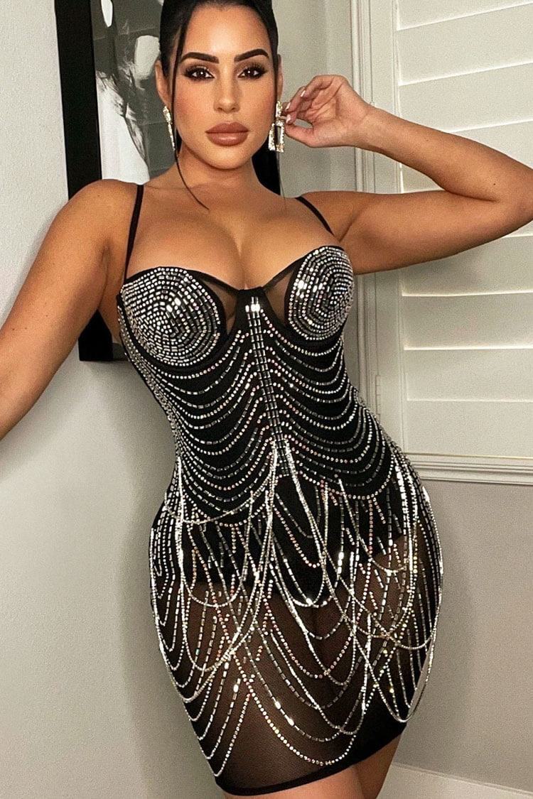 Sparkly Rhinestone Sweetheart Neck Sheer Mesh Bodycon Party Mini Dress - Black - Fashionpara