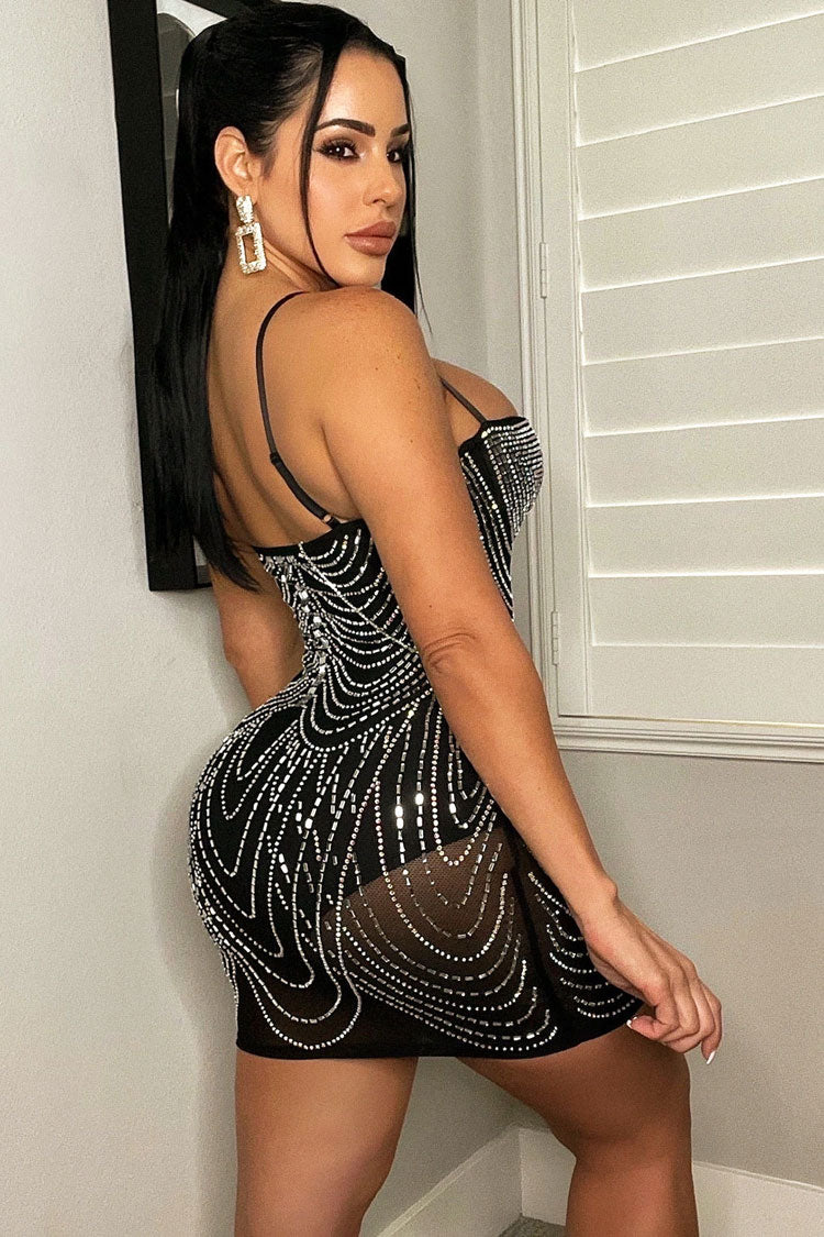 Sparkly Rhinestone Sweetheart Neck Sheer Mesh Bodycon Party Mini Dress - Black - Fashionpara